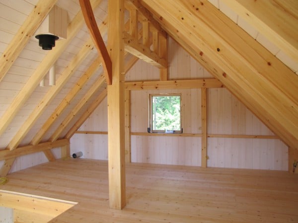 Timber Frame Loft with Dropped Ridge and Cherry Brace