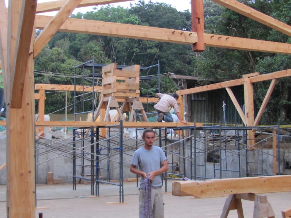 Interpreter David Guindon with truss scaffold behind
