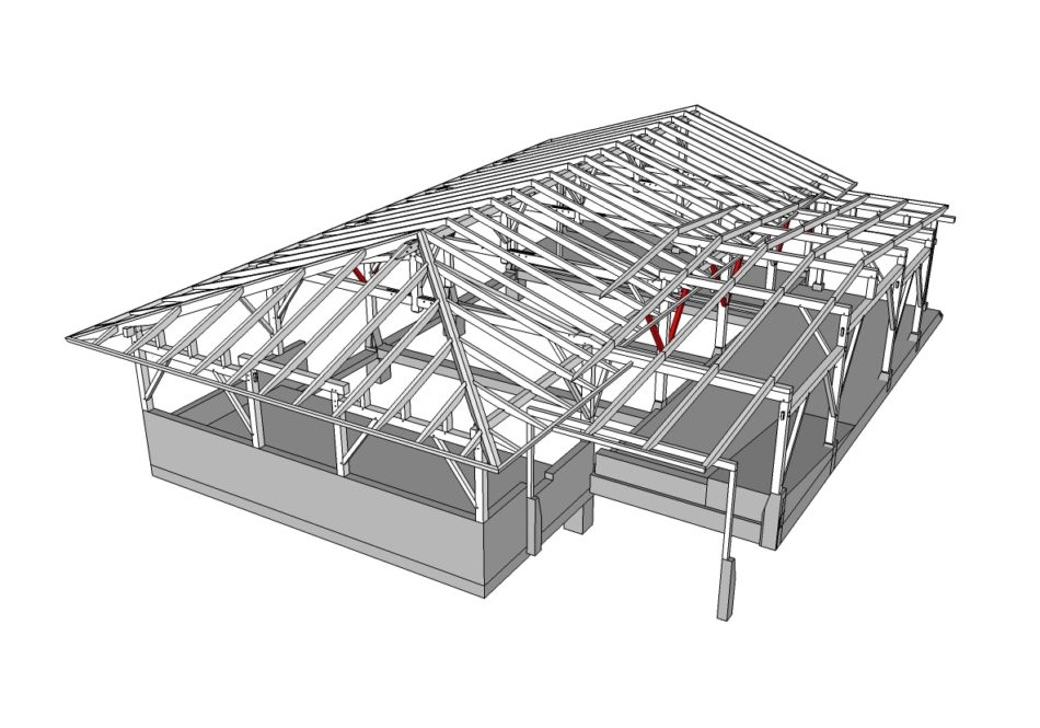 SketchUp model of the Quaker meeting hall and connecting courtyard cover
