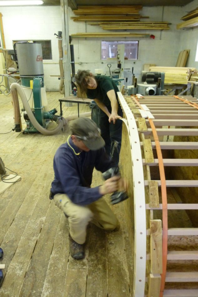 curved railing for a spiral staircase being built in our shop in Vershire, VT