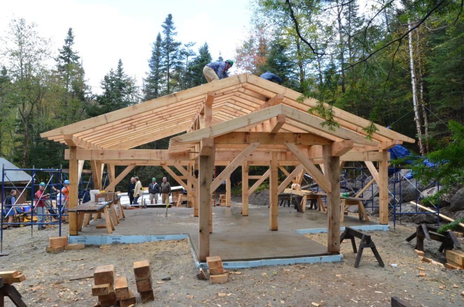 timber frame bunkhouse raised at Moosilauke Mountain in New Hampshire