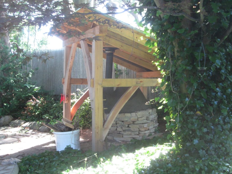 timber frame shelter for earthen pizza oven in Rhode Island