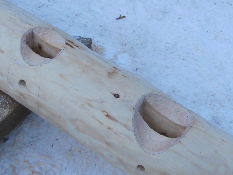 mortises in a spruce pole rafter for a reciprocal roof pavilion