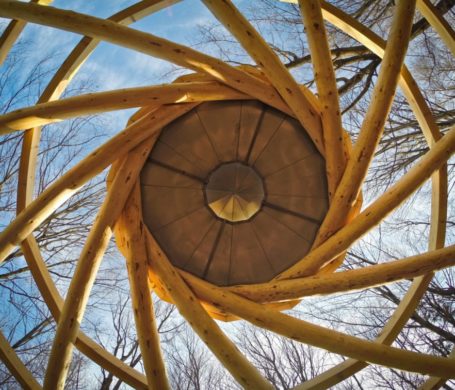 A spiral of spruce beams in a reciprocating pavilion