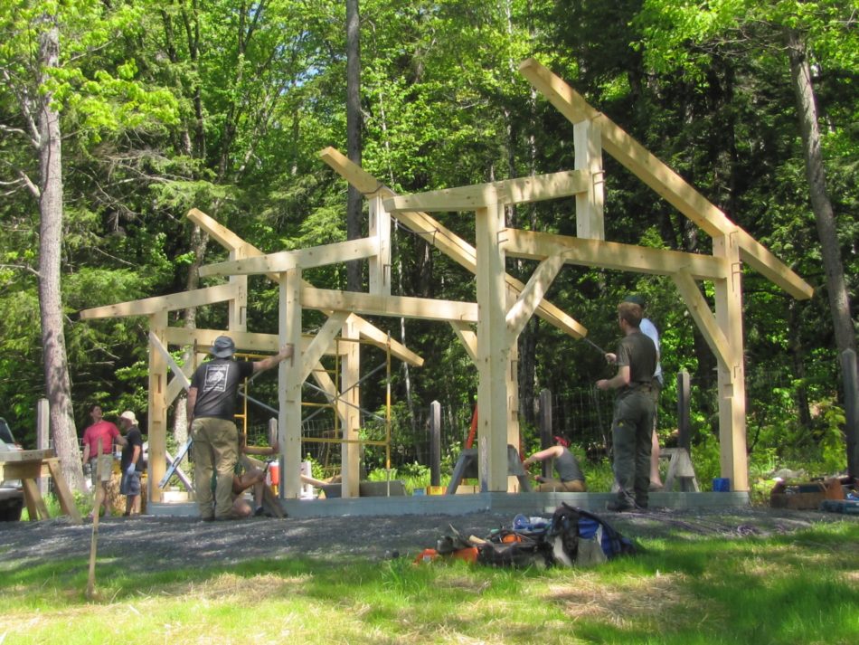 Crossframes bents are all raised for timber frame workshop