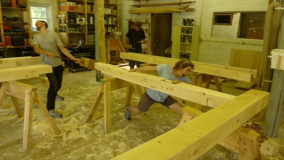 test fitting joints in our shop for post and beam outhouse