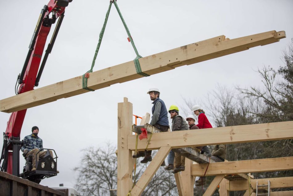 Frame raising at a timber framing class in Western North Carolina