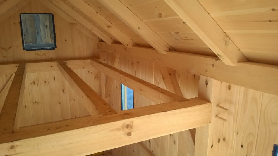 Joists will be covered over with flooring to create second floor loft sleeping space. Beams will be exposed below.