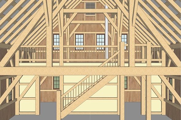 Computer rendering of a post and beam barn