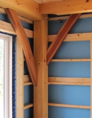 DB PLus vapor permeable air barrier on the inside of a timber frame house