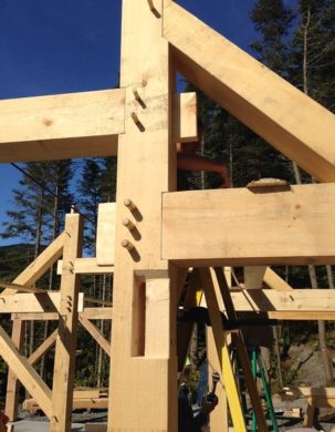Square rule joinery in a timber frame bunkhouse in New Hampshire
