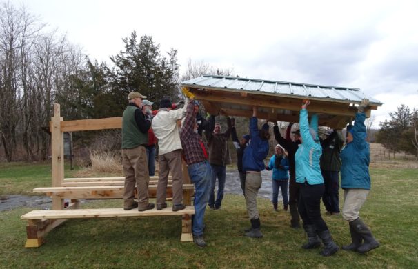 A group of volunteers raises a roof onto a picnic shelter