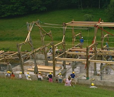 Raising the three story timber frame barn