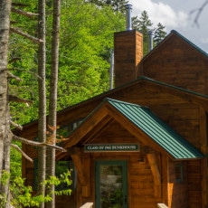 The main entrance to the new Moosilauke Ravine Lodge Timber Frame Bunkhouse