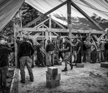 A timber frame raising at a lodge in New England