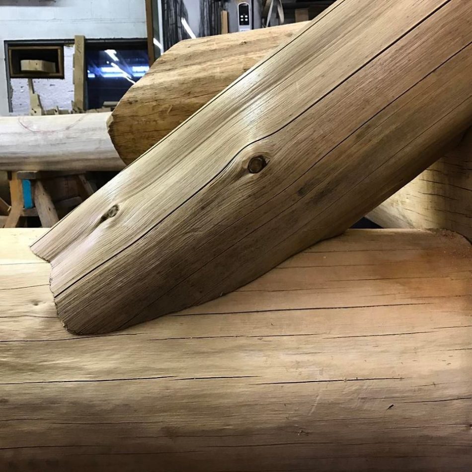 Closeup of round to round joinery for Moosilauke Ravine Lodge porch in New Hampshire