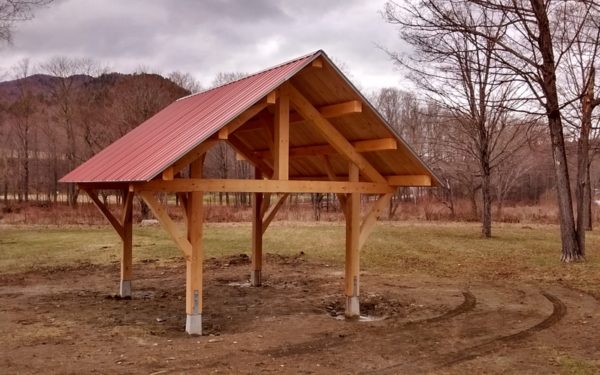 Freshly minted timber frame pavilion in the Green Mountain of Rochester, Vermont