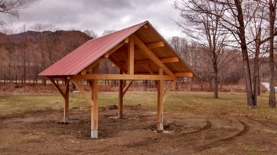 Freshly minted timber frame pavilion in the Green Mountain of Rochester, Vermont