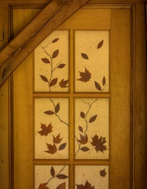 Door with handmade paper in a timber framed home in the poconos
