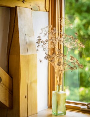 Window sill in a timber frame home in the Poconos