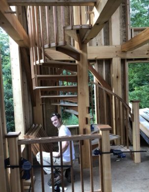 mike perkins with timber framed spiral stairs