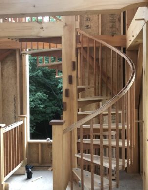 timber framed spiral staircase