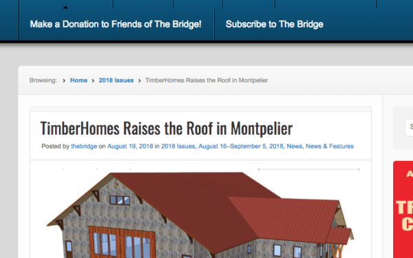 A local Montpelier newspaper article covers the construction of TimberHomes' new shop