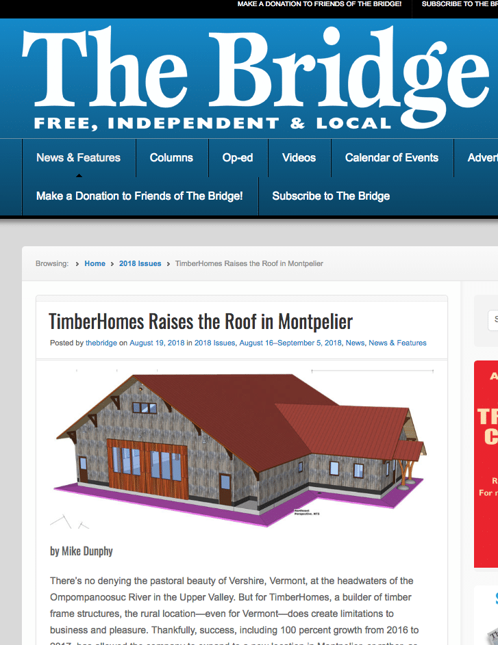 A local Montpelier newspaper article covers the construction of TimberHomes' new shop