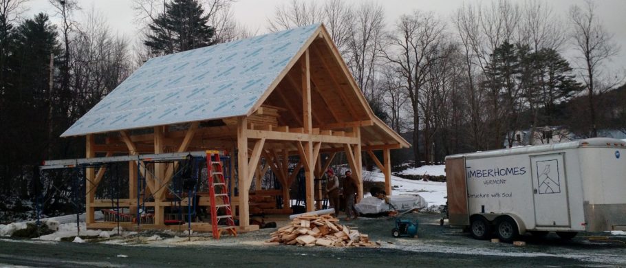 timber frame barn-garage with roof boards