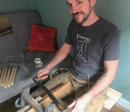 making hand riven oak pegs on a portable shave horse