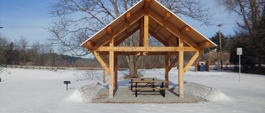 Timber frame pavilion in a snowy Vermont winter