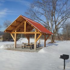 timber frame outdoor classroom pavilion in Vermont Winter