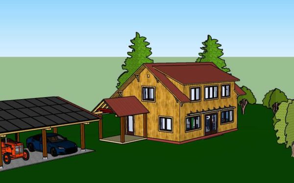 A computer generated image of a timber framed house kit built by TimberHomes Vermont
