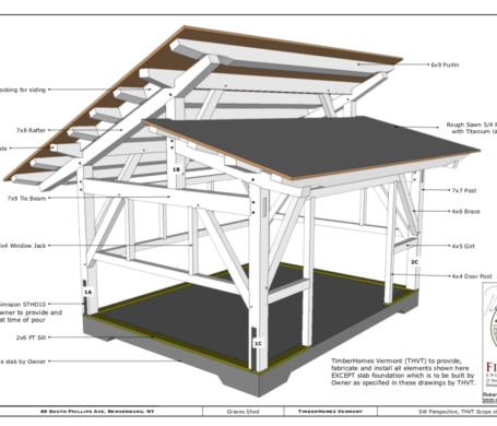 A computer drawing of a timber frame cabin