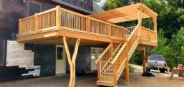 Exterior View of a timber frame deck with forked locust post