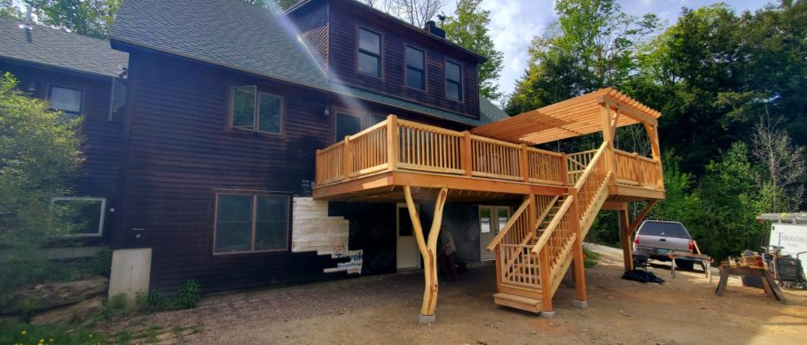 A construction site where a timber framed deck was recently installed.