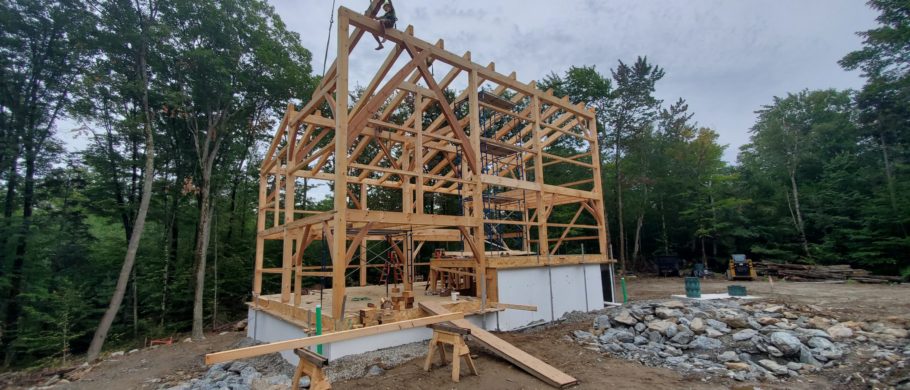 Timber Frame home in Huntington, Vermont is raised.