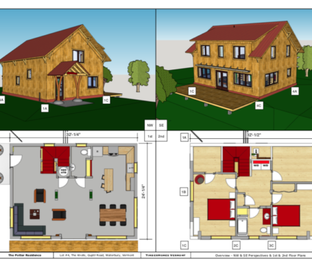 Four computer generated images of a house design - the top two are the exterior, the bottom two are floor plans.