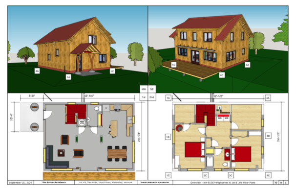 Four computer generated images of a house design - the top two are the exterior, the bottom two are floor plans.