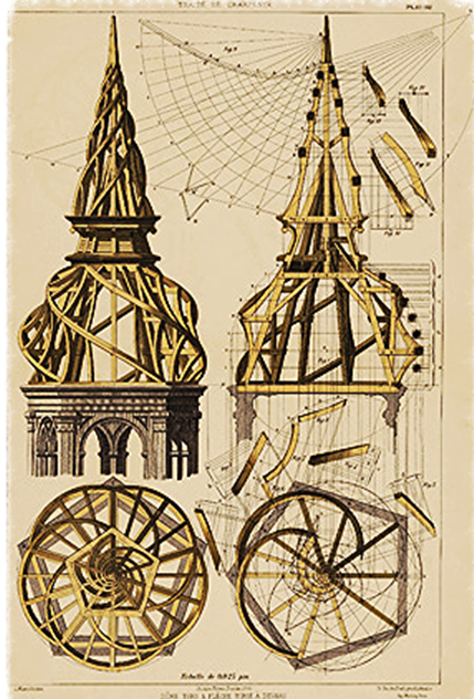French stereotomy drawing of twisting steeple