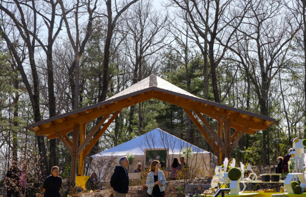 The twisted slope pavilion in the background of a spring soiree