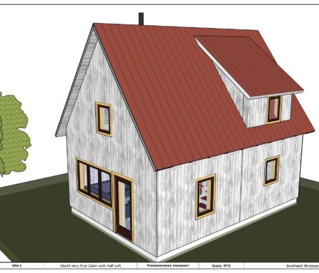 A perspective shot of a design for a one bedroom timber frame home