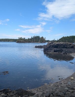 The shores of the Atlantic as the lap against a small cove in Perry, Maine.